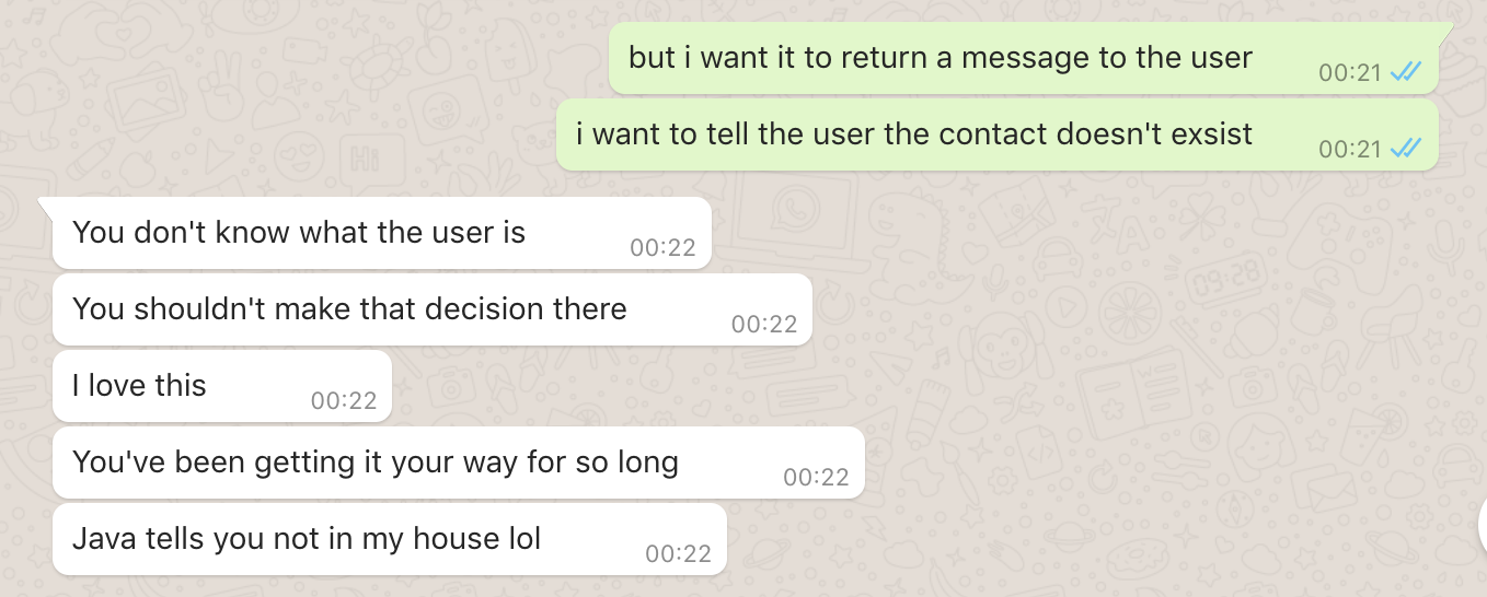 whatsapp conversation with friend telling me Java won't let me get away with what Ruby does
